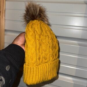 Yellow Cable Knit Beanie with Faux Fur Pom
